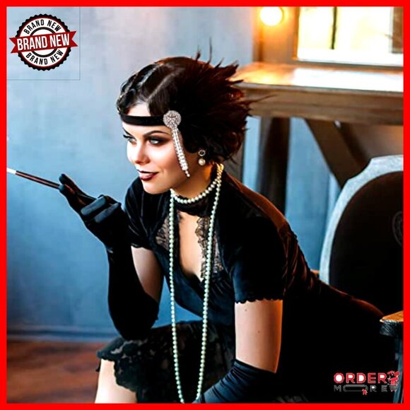 1920s Flapper Costume Headband Feather Headpiece Pearl Necklace Set main image 4
